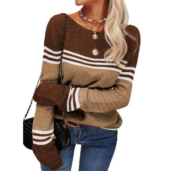 Tankaneo Damen Pullover Colorblock Langarm Rundhals Strickpullover Gestreift Slim Fit Strickwaren Tops