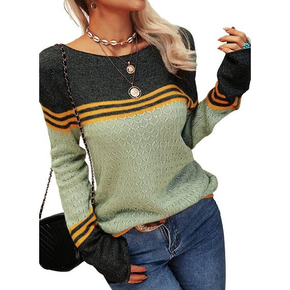 Tankaneo Damen Pullover Colorblock Langarm Rundhals Strickpullover Gestreift Slim Fit Strickwaren Tops
