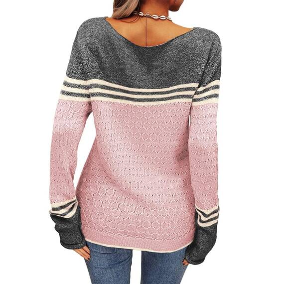 Tankaneo Damen Pullover Colorblock Langarm Rundhals Strickpullover Gestreift Slim Fit Strickwaren Tops