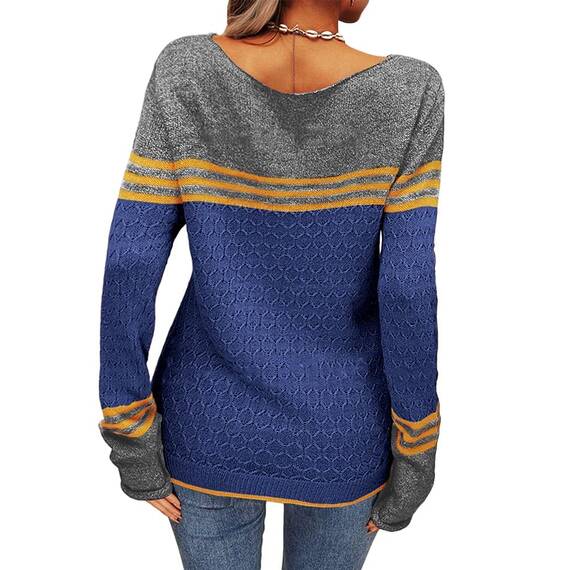 Tankaneo Damen Pullover Colorblock Langarm Rundhals Strickpullover Gestreift Slim Fit Strickwaren Tops