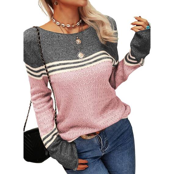 Tankaneo Damen Pullover Colorblock Langarm Rundhals Strickpullover Gestreift Slim Fit Strickwaren Tops