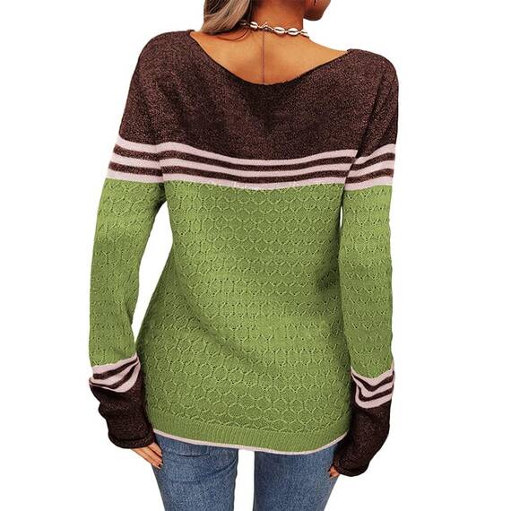Tankaneo Damen Pullover Colorblock Langarm Rundhals Strickpullover Gestreift Slim Fit Strickwaren Tops