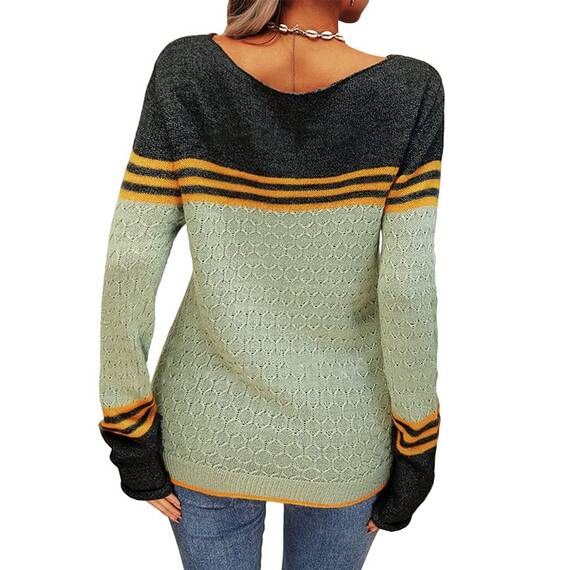 Tankaneo Damen Pullover Colorblock Langarm Rundhals Strickpullover Gestreift Slim Fit Strickwaren Tops
