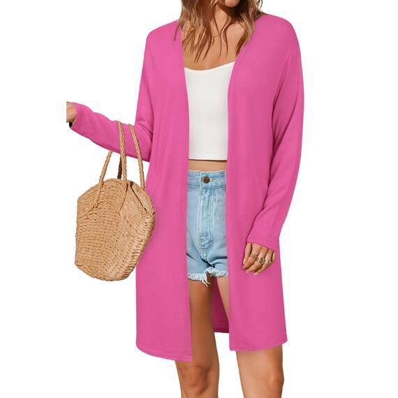 OUGES Strickjacken füR Damen Lang Cardigan Elegante Leicht Strickjacke Herbst Strickjackenpullover mit Taschen Rosenrot S