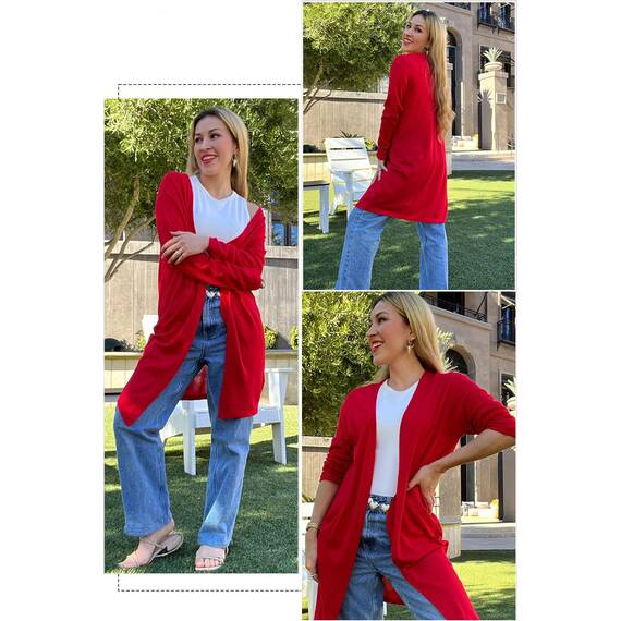 OUGES Strickjacken füR Damen Lang Cardigan Elegante Leicht Strickjacke Herbst Strickjackenpullover mit Taschen S