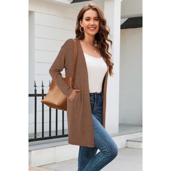 OUGES Strickjacken füR Damen Lang Cardigan Elegante Leicht Strickjacke Herbst Strickjackenpullover mit Taschen M