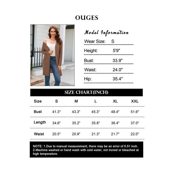 OUGES Strickjacken füR Damen Lang Cardigan Elegante Leicht Strickjacke Herbst Strickjackenpullover mit Taschen M