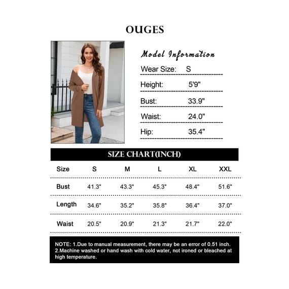 OUGES Strickjacken füR Damen Lang Cardigan Elegante Leicht Strickjacke Herbst Strickjackenpullover mit Taschen XL