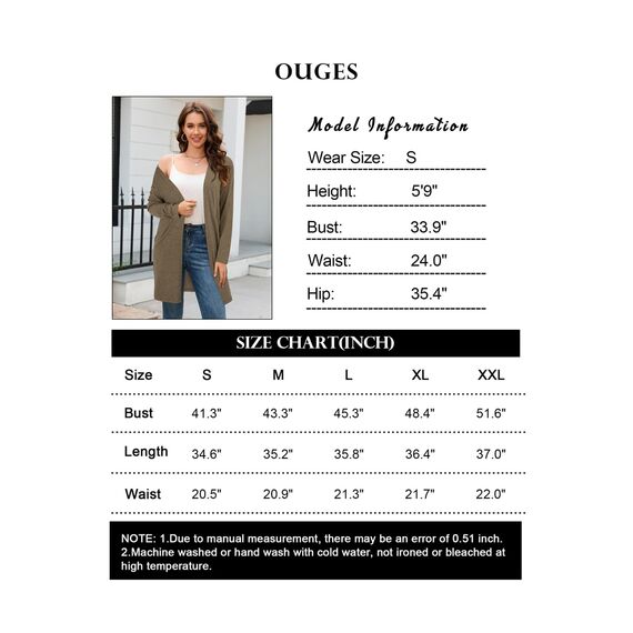 OUGES Strickjacken füR Damen Lang Cardigan Elegante Leicht Strickjacke Herbst Strickjackenpullover mit Taschen L