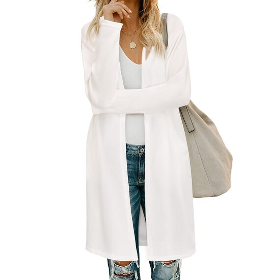 OUGES Weiße Strickjacken füR Damen Lang Cardigan Elegante Leicht Strickjacke Herbst Strickjackenpullover mit Taschen L