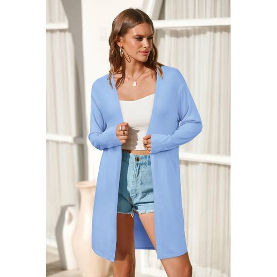 OUGES Strickjacken füR Damen Lang Cardigan Elegante Leicht Strickjacke Herbst Strickjackenpullover mit Taschen Blau XL