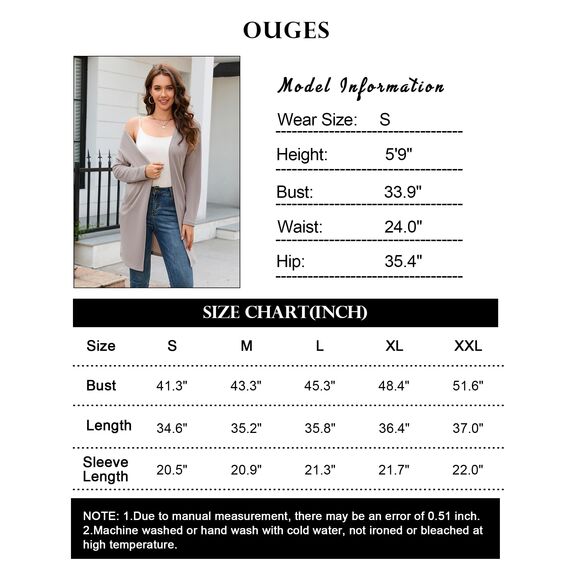 OUGES Strickjacken füR Damen Lang Cardigan Elegante Leicht Strickjacke Herbst Strickjackenpullover mit Taschen S