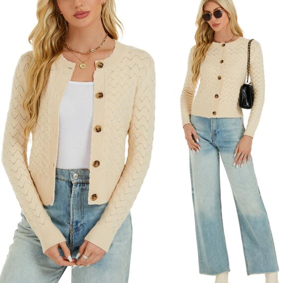 Enjyam Damen Kurze Strickjacke Elegant Kurzarm Rundhals Cardigan Leicht Dünn Bolero Jäckchen über Top Kleid Beige,S