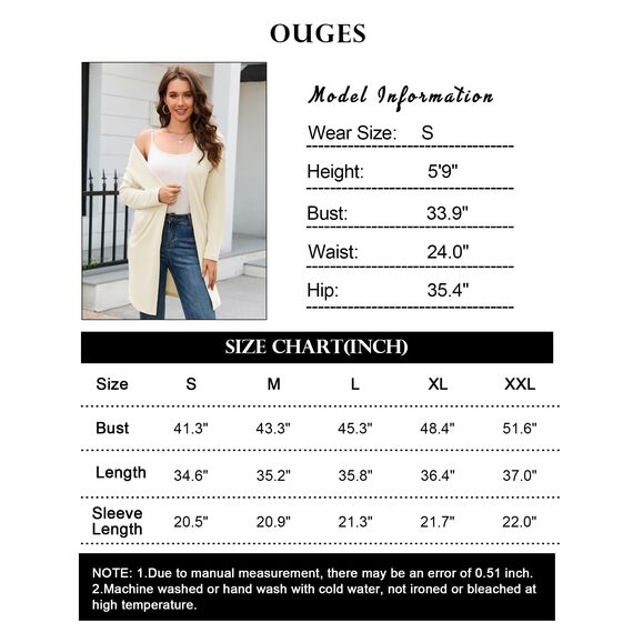 OUGES Strickjacken füR Damen Lang Cardigan Elegante Leicht Strickjacke Herbst Strickjackenpullover mit Taschen XL