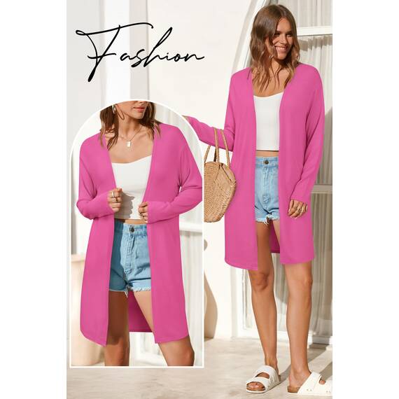 OUGES Strickjacken füR Damen Lang Cardigan Elegante Leicht Strickjacke Herbst Strickjackenpullover mit Taschen Rosenrot XXL