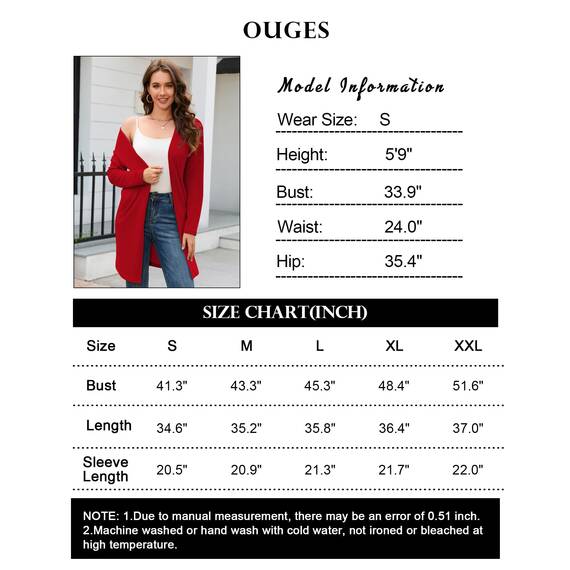 OUGES Strickjacken füR Damen Lang Cardigan Elegante Leicht Strickjacke Herbst Strickjackenpullover mit Taschen XL