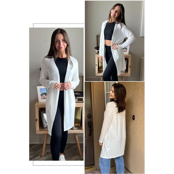 OUGES Weiße Strickjacken füR Damen Lang Cardigan Elegante Leicht Strickjacke Herbst Strickjackenpullover mit Taschen L