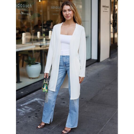 OUGES Weiße Strickjacken füR Damen Lang Cardigan Elegante Leicht Strickjacke Herbst Strickjackenpullover mit Taschen L