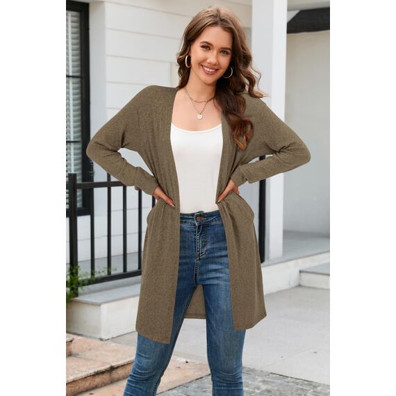 OUGES Strickjacken füR Damen Lang Cardigan Elegante Leicht Strickjacke Herbst Strickjackenpullover mit Taschen L