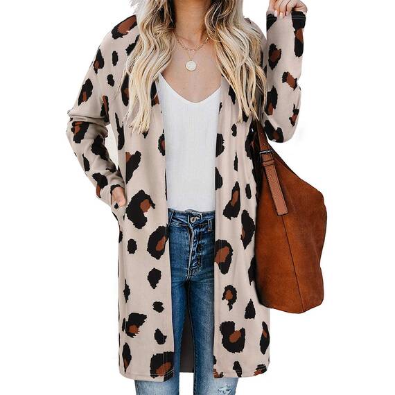 OUGES Damen Leopard Strickjacke Lang Leicht Cardigan Strickmantel mit Taschen(Leopard05,M)
