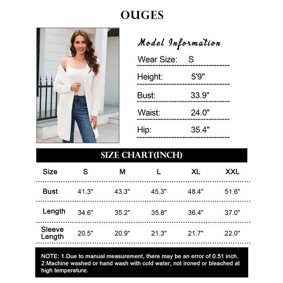 OUGES Weiße Strickjacken füR Damen Lang Cardigan Elegante Leicht Strickjacke Herbst Strickjackenpullover mit Taschen L