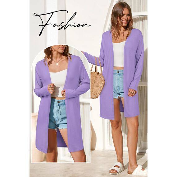 OUGES Strickjacken füR Damen Lang Cardigan Elegante Leicht Strickjacke Herbst Strickjackenpullover mit Taschen Lila M