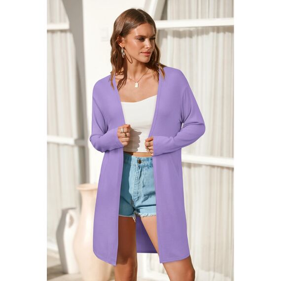 OUGES Strickjacken füR Damen Lang Cardigan Elegante Leicht Strickjacke Herbst Strickjackenpullover mit Taschen Lila M