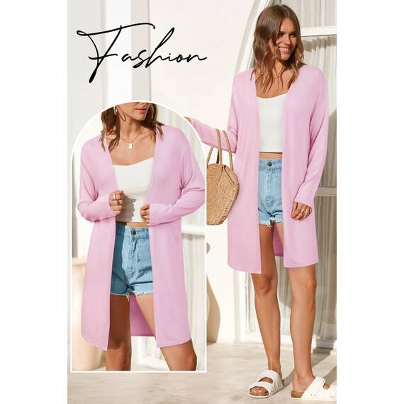 OUGES Strickjacken füR Damen Lang Cardigan Elegante Leicht Strickjacke Herbst Strickjackenpullover mit Taschen Rosa S