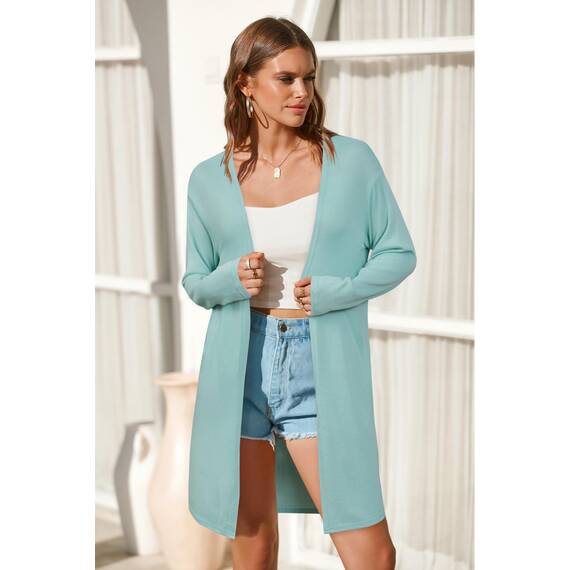 OUGES Strickjacken füR Damen Lang Cardigan Elegante Leicht Strickjacke Herbst Strickjackenpullover mit Taschen Mintgrün L