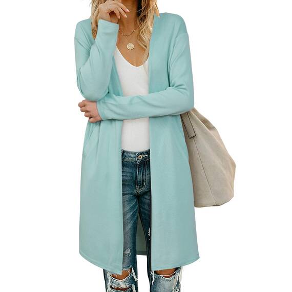 OUGES Strickjacken füR Damen Lang Cardigan Elegante Leicht Strickjacke Herbst Strickjackenpullover mit Taschen Mintgrün S