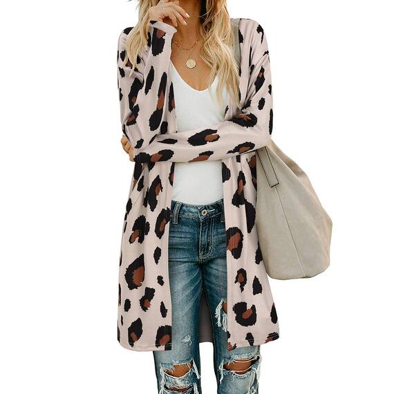 OUGES Damen Leopard Strickjacke Lang Leicht Cardigan Strickmantel mit Taschen(Leopard05,M)