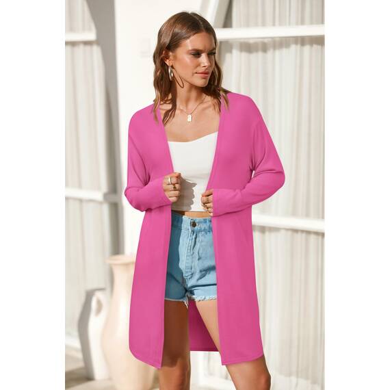 OUGES Strickjacken füR Damen Lang Cardigan Elegante Leicht Strickjacke Herbst Strickjackenpullover mit Taschen Rosenrot XXL