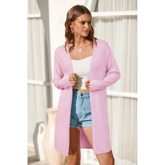 OUGES Strickjacken füR Damen Lang Cardigan Elegante Leicht Strickjacke Herbst Strickjackenpullover mit Taschen Rosa S