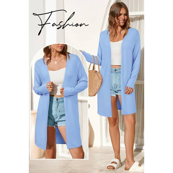 OUGES Strickjacken füR Damen Lang Cardigan Elegante Leicht Strickjacke Herbst Strickjackenpullover mit Taschen Blau M