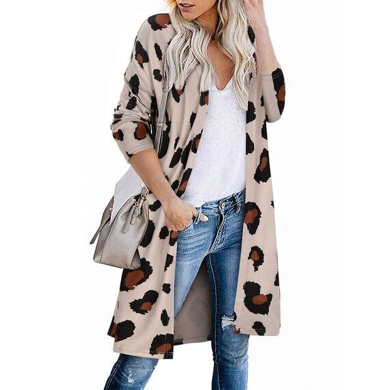 OUGES Damen Leopard Strickjacke Lang Leicht Cardigan Strickmantel mit Taschen(Leopard05,M)