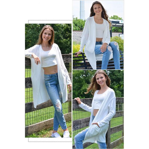 OUGES Weiße Strickjacken füR Damen Lang Cardigan Elegante Leicht Strickjacke Herbst Strickjackenpullover mit Taschen L
