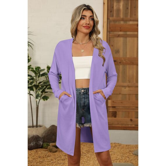OUGES Strickjacken füR Damen Lang Cardigan Elegante Leicht Strickjacke Herbst Strickjackenpullover mit Taschen Lila XXL