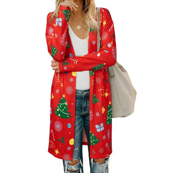 OUGES Strickjacken füR Damen Lang Cardigan Elegante Leicht Strickjacke Weihnachtsstrickjacke mit Taschen M