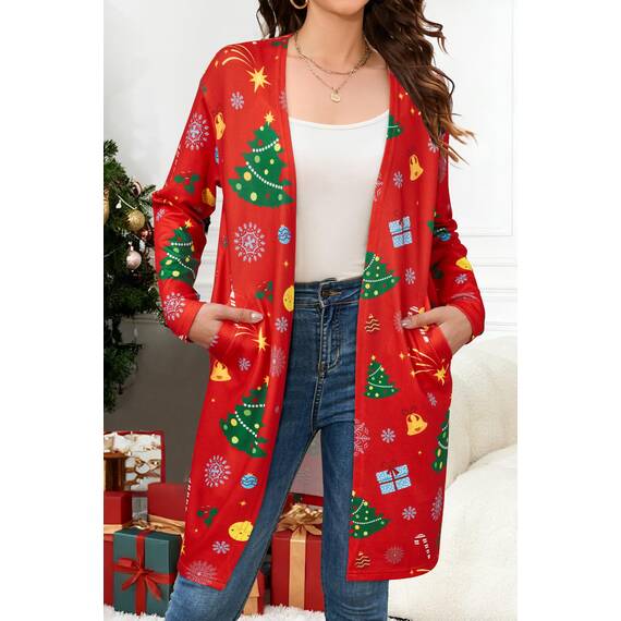 OUGES Strickjacken füR Damen Lang Cardigan Elegante Leicht Strickjacke Weihnachtsstrickjacke mit Taschen M