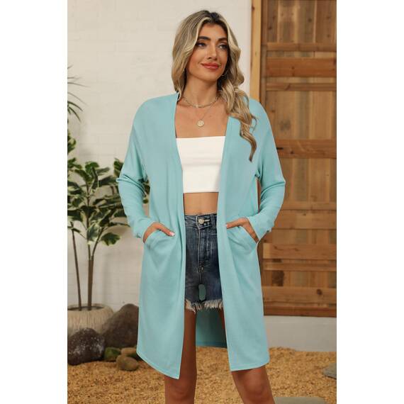 OUGES Strickjacken füR Damen Lang Cardigan Elegante Leicht Strickjacke Herbst Strickjackenpullover mit Taschen Mintgrün S
