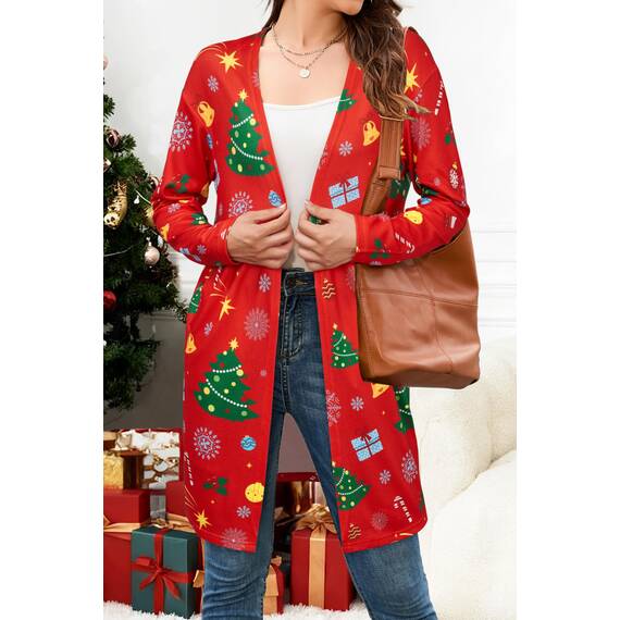 OUGES Strickjacken füR Damen Lang Cardigan Elegante Leicht Strickjacke Weihnachtsstrickjacke mit Taschen M