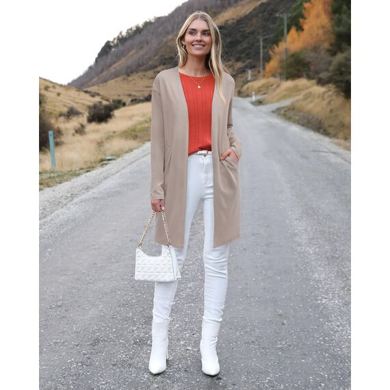 OUGES Strickjacken füR Damen Lang Cardigan Elegante Leicht Strickjacke Herbst Strickjackenpullover mit Taschen S