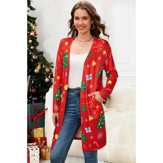 OUGES Strickjacken füR Damen Lang Cardigan Elegante Leicht Strickjacke Weihnachtsstrickjacke mit Taschen M