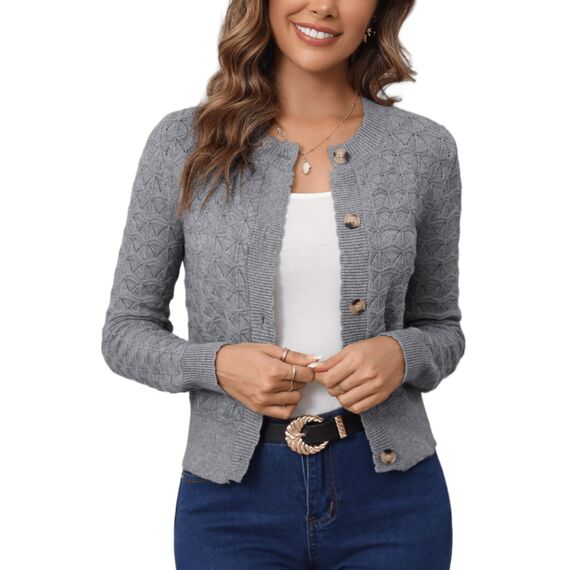 Enjyam Damen Strickjacke Langarm Elegant Kurz Cardigan mit Knöpfe Rundhals Weiche Leichte Jacke zum Top Kleid Grau,XL