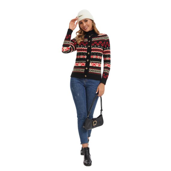 Enjyam Damen Strickjacke Langarm Rundhals Cardigan mit Norweger Strickmuster Weiche Strickweste mit Knopfleiste Schwarz,M