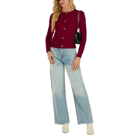 Enjyam Damen Strickjacke Langarm Elegant Kurz Cardigan mit Knöpfe Rundhals Weiche Leichte Jacke zum Top Kleid Weinrot,M