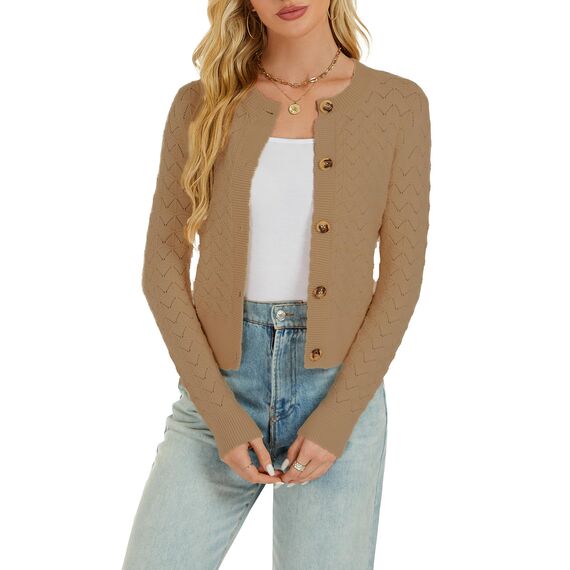 Enjyam Damen Strickjacke Langarm Elegant Kurz Cardigan mit Knöpfe Rundhals Weiche Leichte Jacke zum Top Kleid Kamel,S