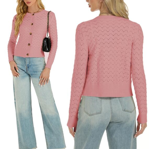 Enjyam Damen Strickjacke Langarm Elegant Kurz Cardigan mit Knöpfe Rundhals Weiche Leichte Jacke zum Top Kleid Lachsrosa,L