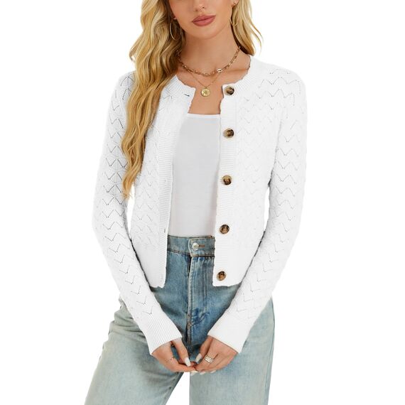 Damen Strickjacke Elegant Langarm Rundhals Cardigan Leicht Bolero Jäckchen mit Knöpfe Weiche Jacke über Top Kleid Weiß,S