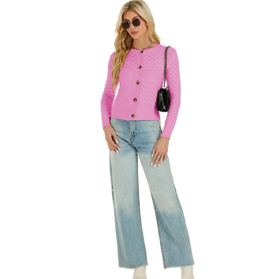 Enjyam Damen Strickjacke Langarm Elegant Kurz Cardigan mit Knöpfe Rundhals Weiche Leichte Jacke zum Top Kleid Rosa,S